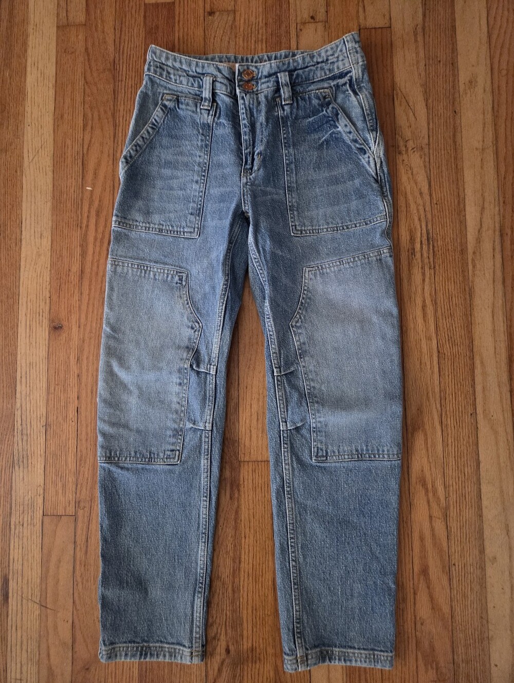 Pilcro Wanderer Double Knee Cropped Barrel Jeans Medium Wash Utility Denim 27